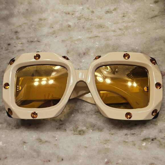 RARE GUCCI HOLLYWOOD FOREVER OVERSIZED SQUARE IVORY MASK EMBELLISHED SUNGLASSES - Picture 1 of 11